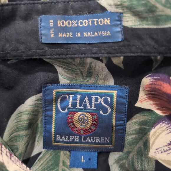 VTG Chaps Ralph Lauren Hawaiian Shirt Mens Size L Black Floral Aloha Button Down - Picture 7 of 13